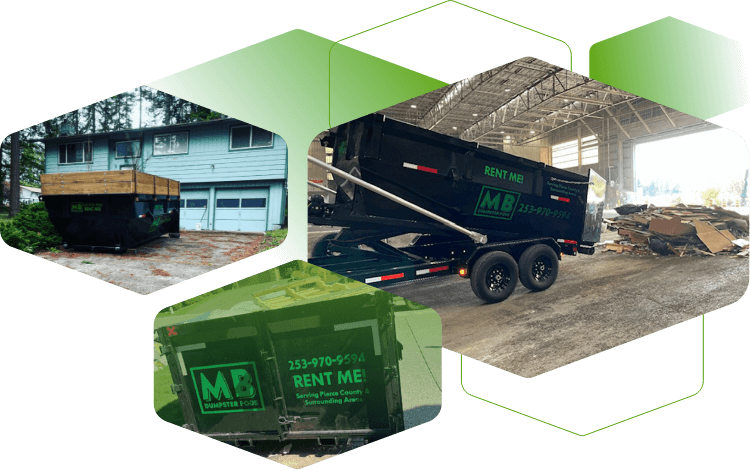 A collage of three black dumpster bins loaded and being unloaded