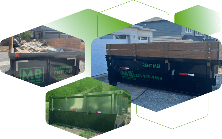 A collage of three black dumpster bins loaded and in front of a garage